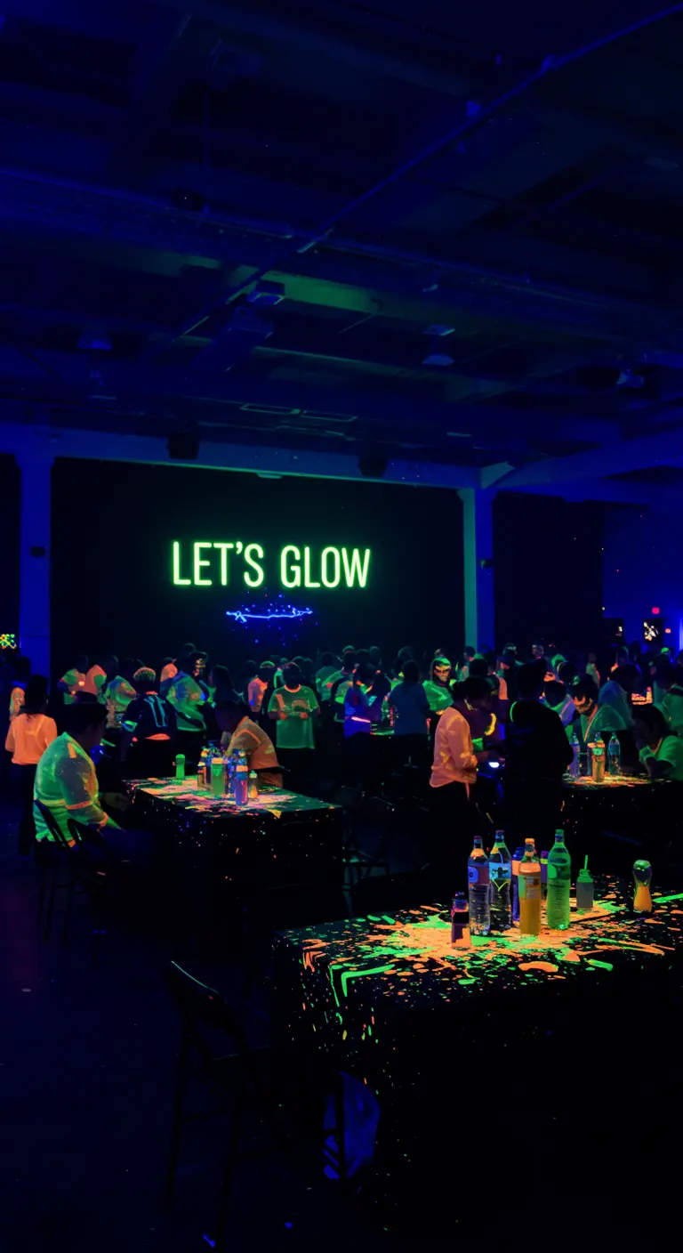 Fiesta 'glow in the dark' con un gran letrero de neón 'LET'S GLOW' y pintura fluorescente.