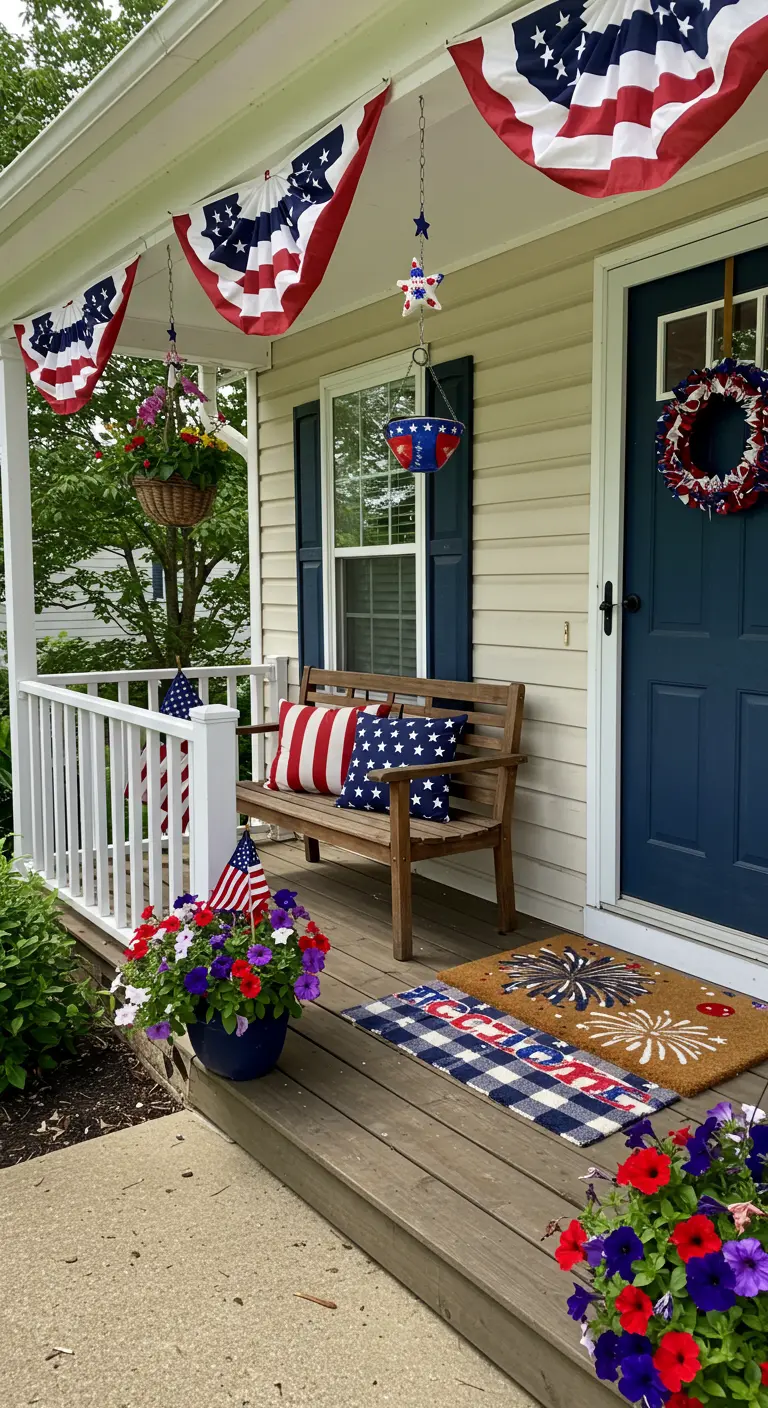 Porche decorado con banderas americanas tipo abanico, cojines patrióticos y flores de colores.