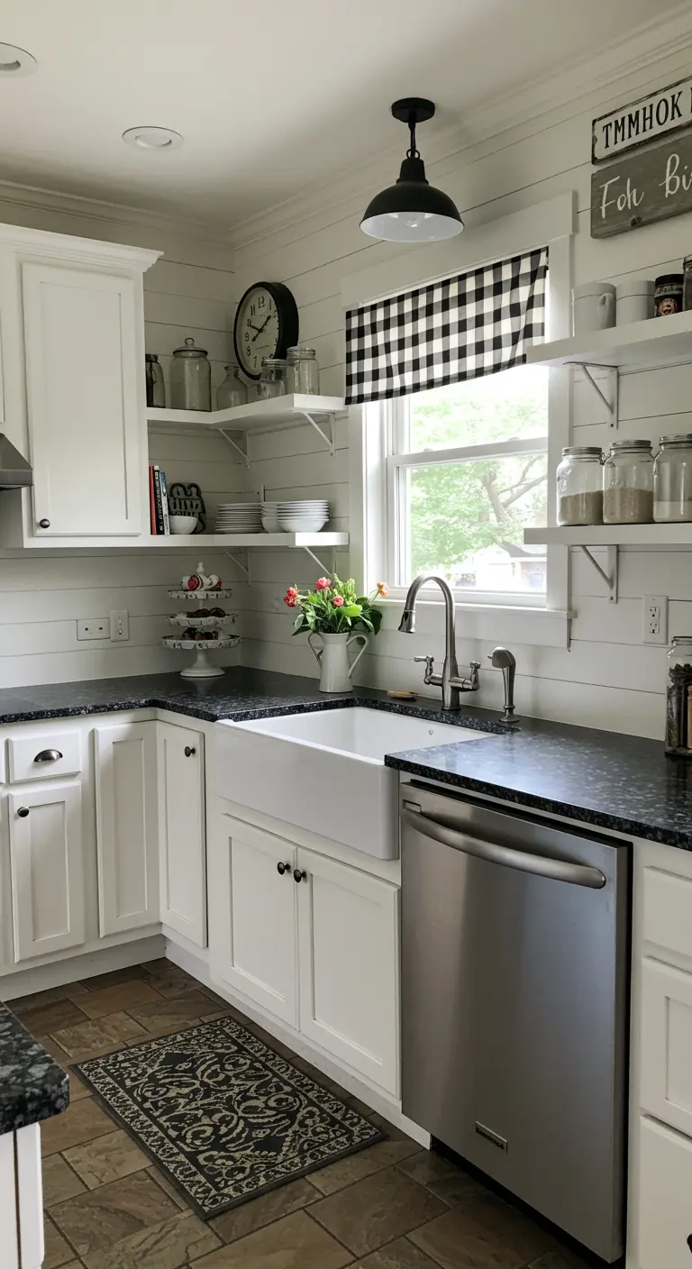 Cocina farmhouse clásica en blanco y negro con paredes de shiplap y cortina de cuadros