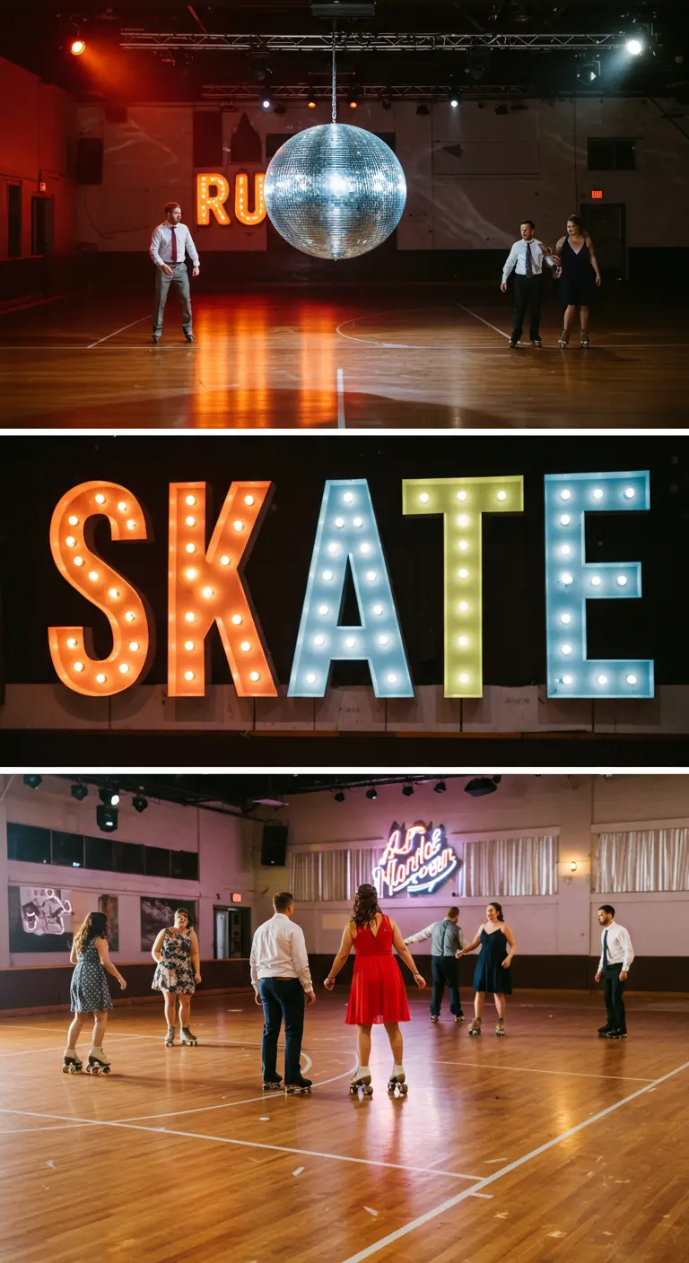 Montaje de tres fotos de una boda en una pista de patinaje con letras luminosas SKATE.