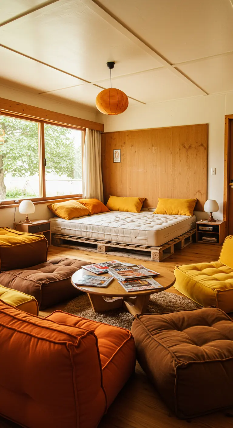 Dormitorio de estilo comunal con cama sobre palets y muchos cojines de suelo en tonos cálidos.