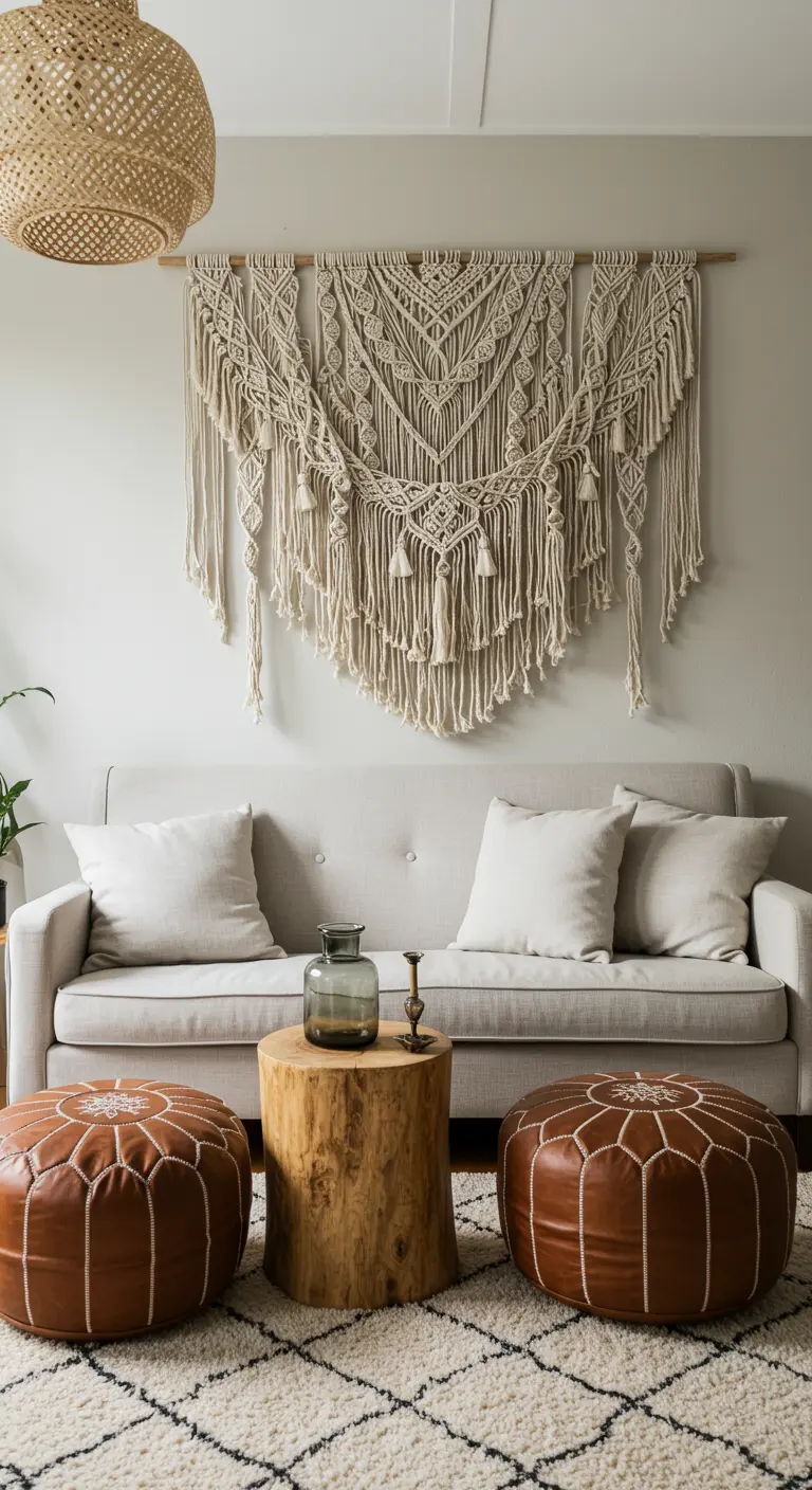 Sala de estar boho con sofá bajo, pufs de cuero y mesa de tronco de madera.