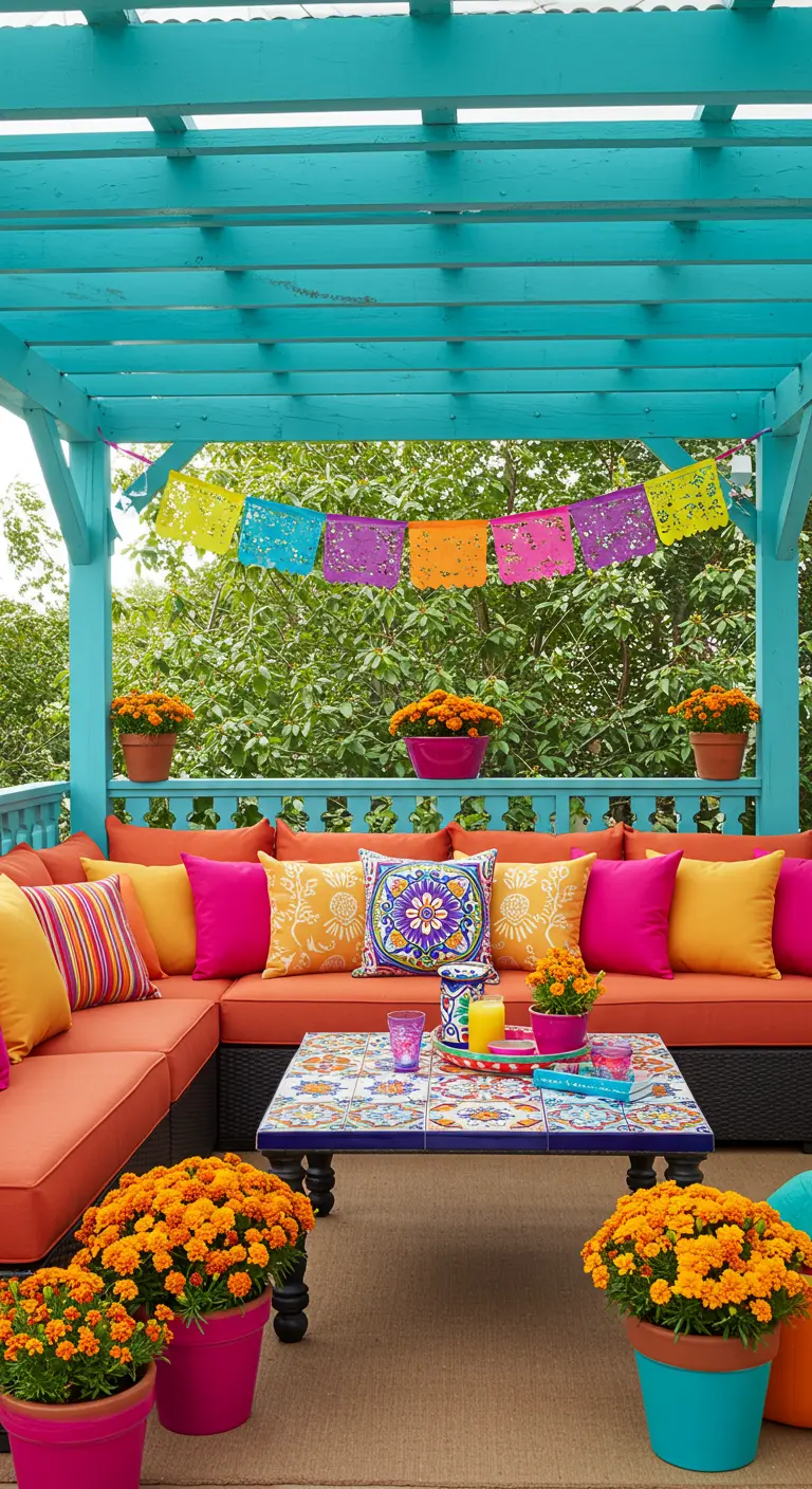 Patio mexicano con pérgola turquesa, sofá naranja y decoración colorida.