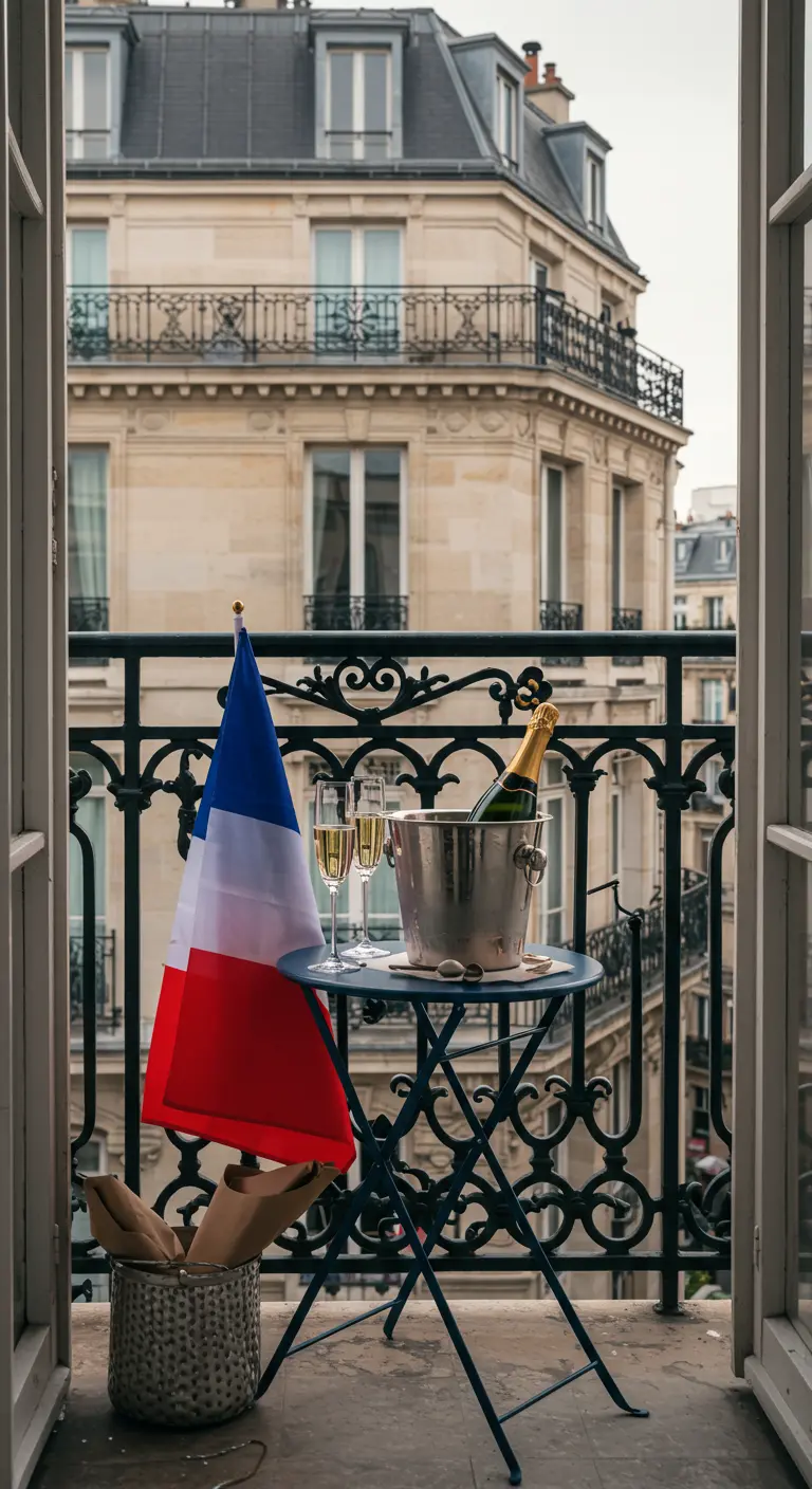 Mesa de bistró en un balcón con una botella de champán en una cubitera y la bandera de Francia