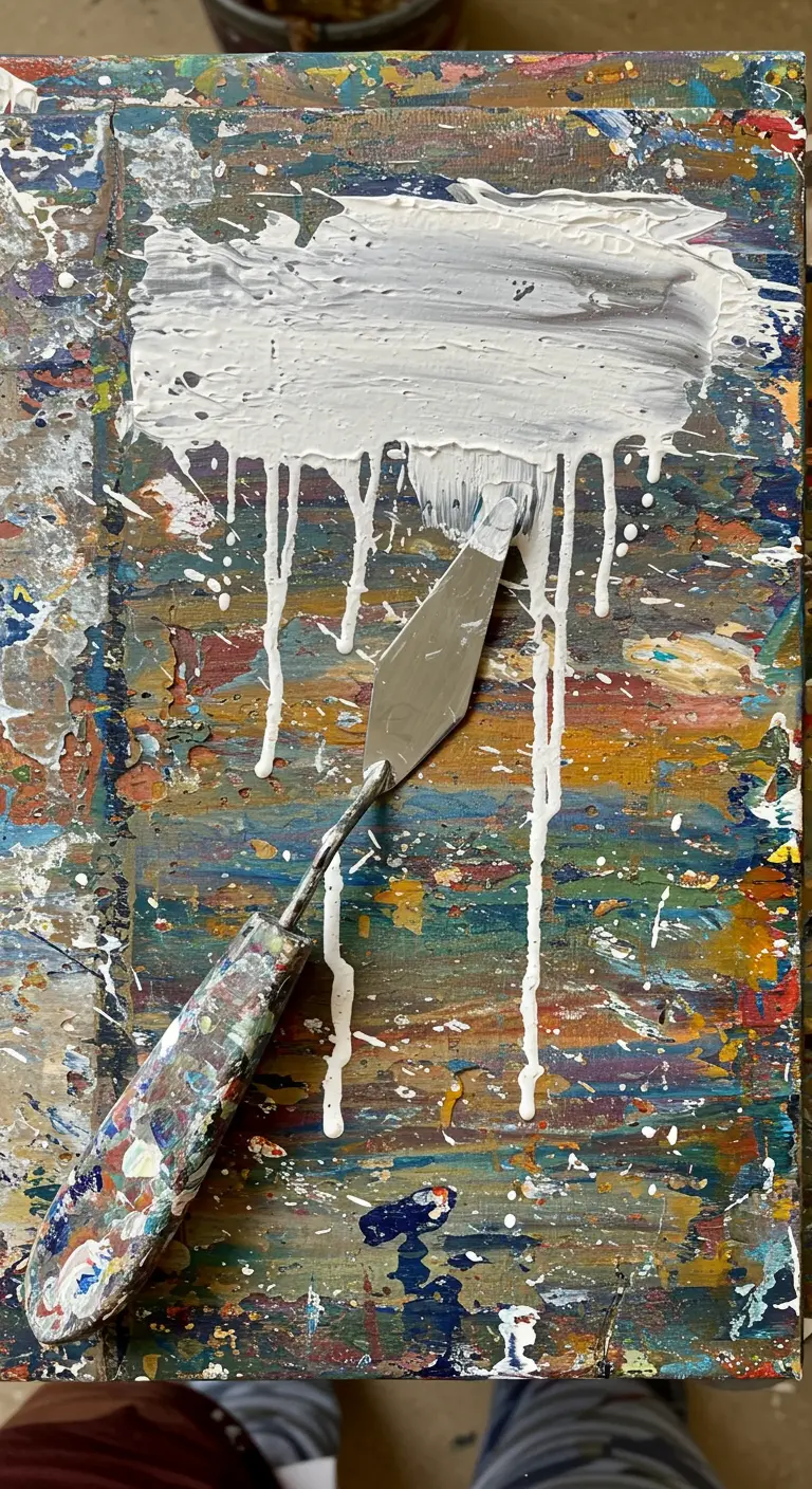 Una espátula aplicando una capa gruesa de pintura blanca sobre un lienzo abstracto multicolor.