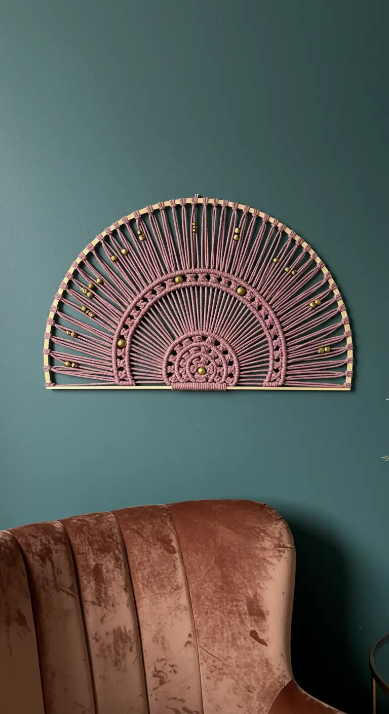 Cabecero o tapiz de macramé en forma de abanico, color rosa, con cuentas doradas.