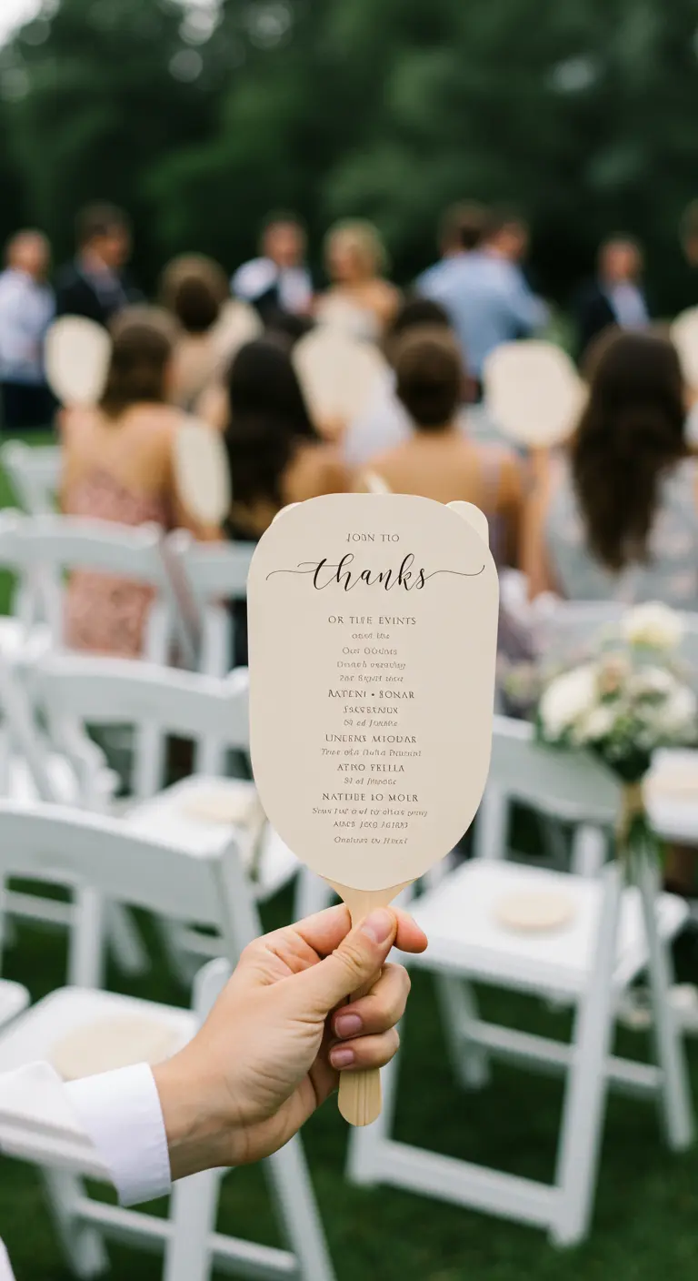 Un invitado sostiene un programa de boda en forma de abanico con caligrafía elegante.
