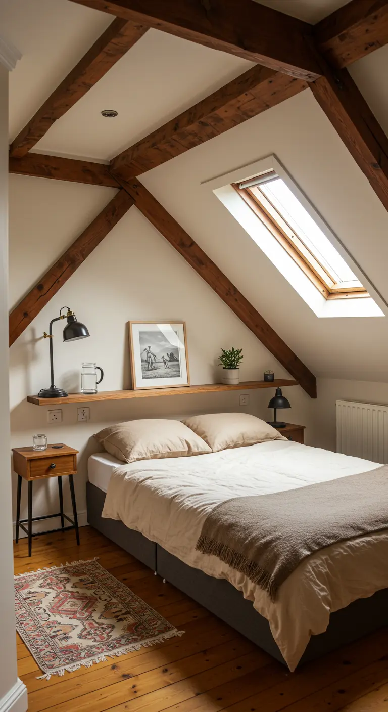 Estantería flotante de madera bajo un techo abuhardillado con vigas, encima de la cama.