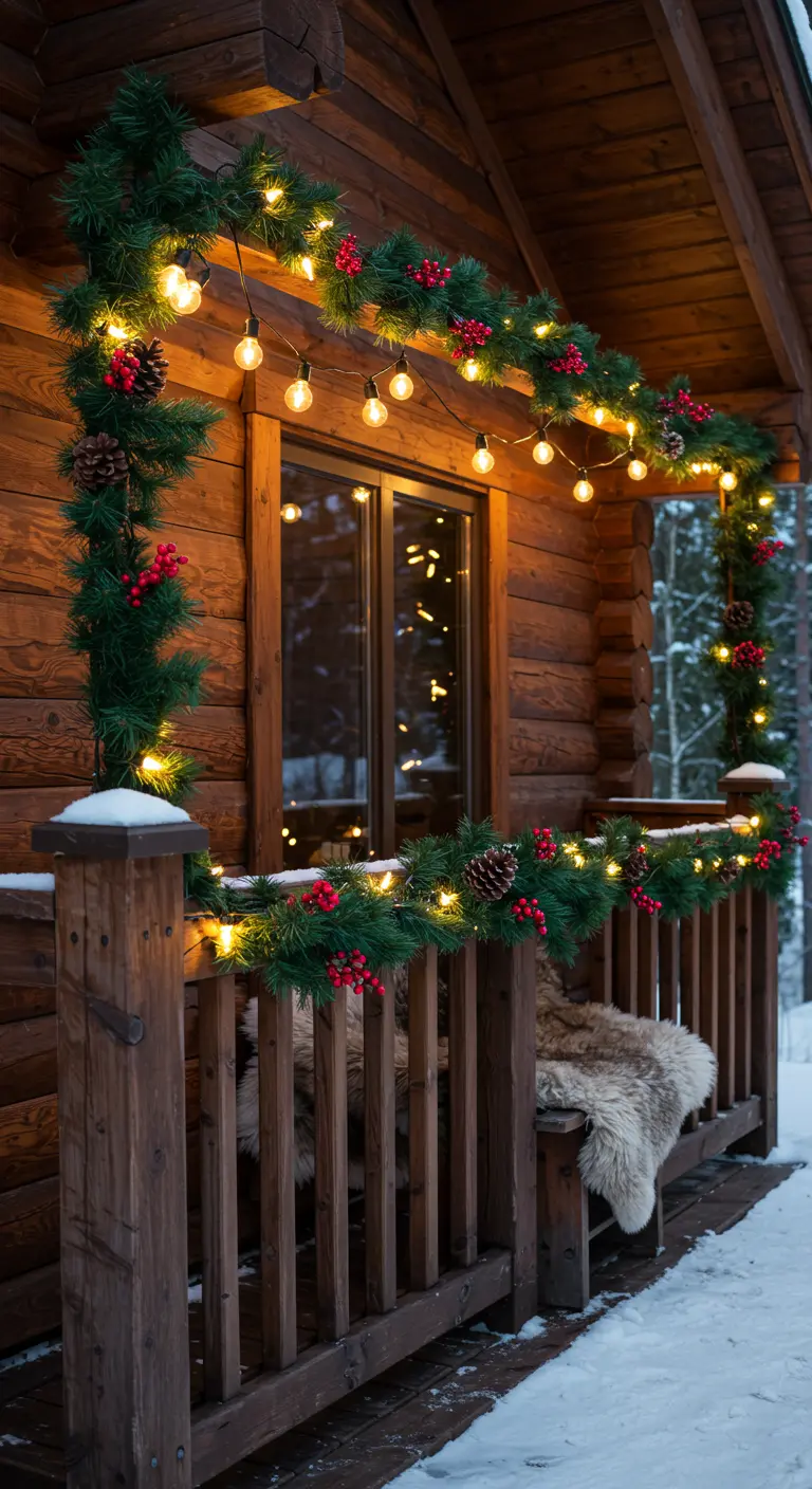 Porche de cabaña de madera con guirnalda de pino, bayas rojas y luces de bombilla grande.