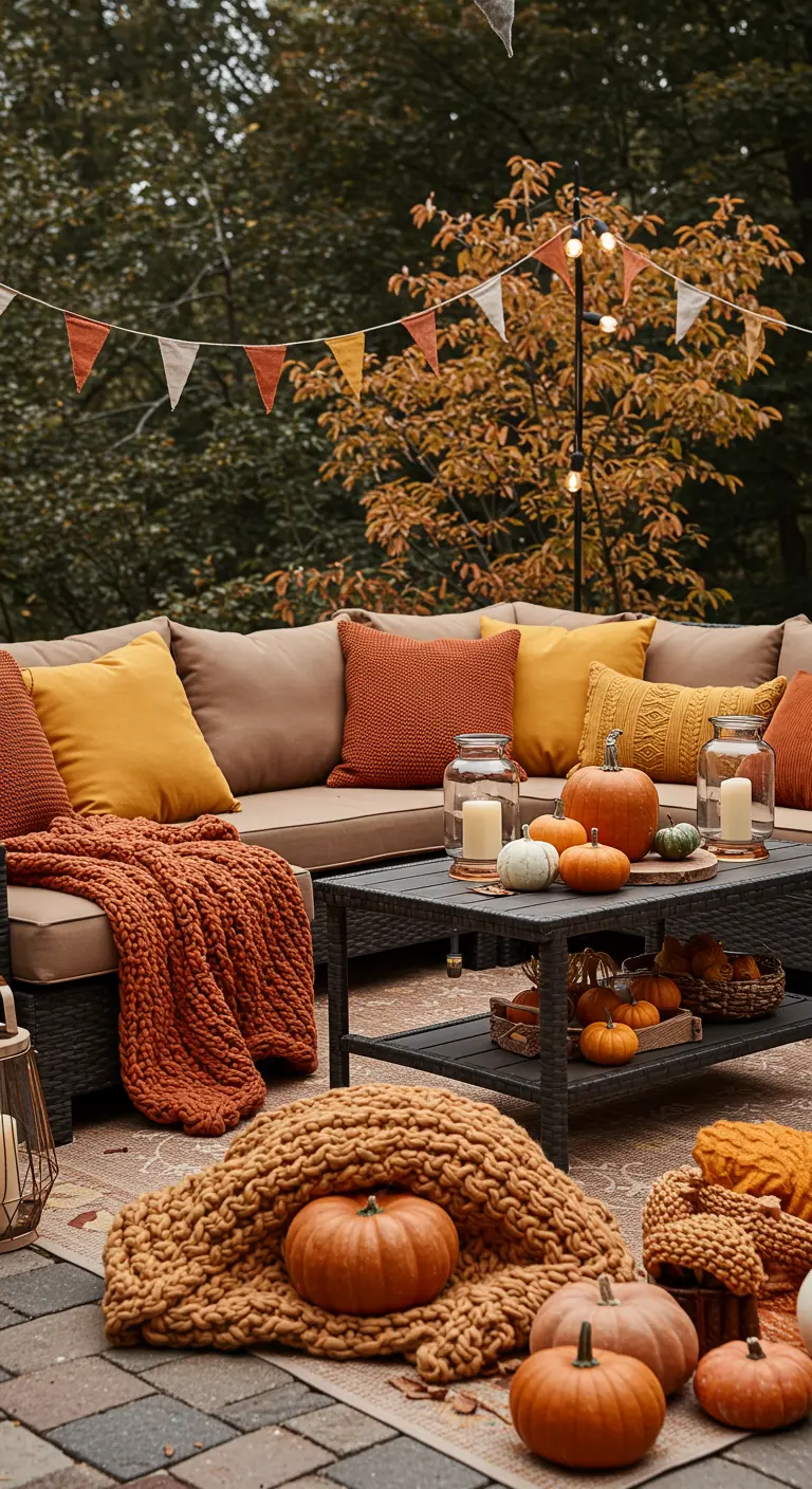 Patio decorado para el otoño con cojines y mantas en tonos cálidos y calabazas.