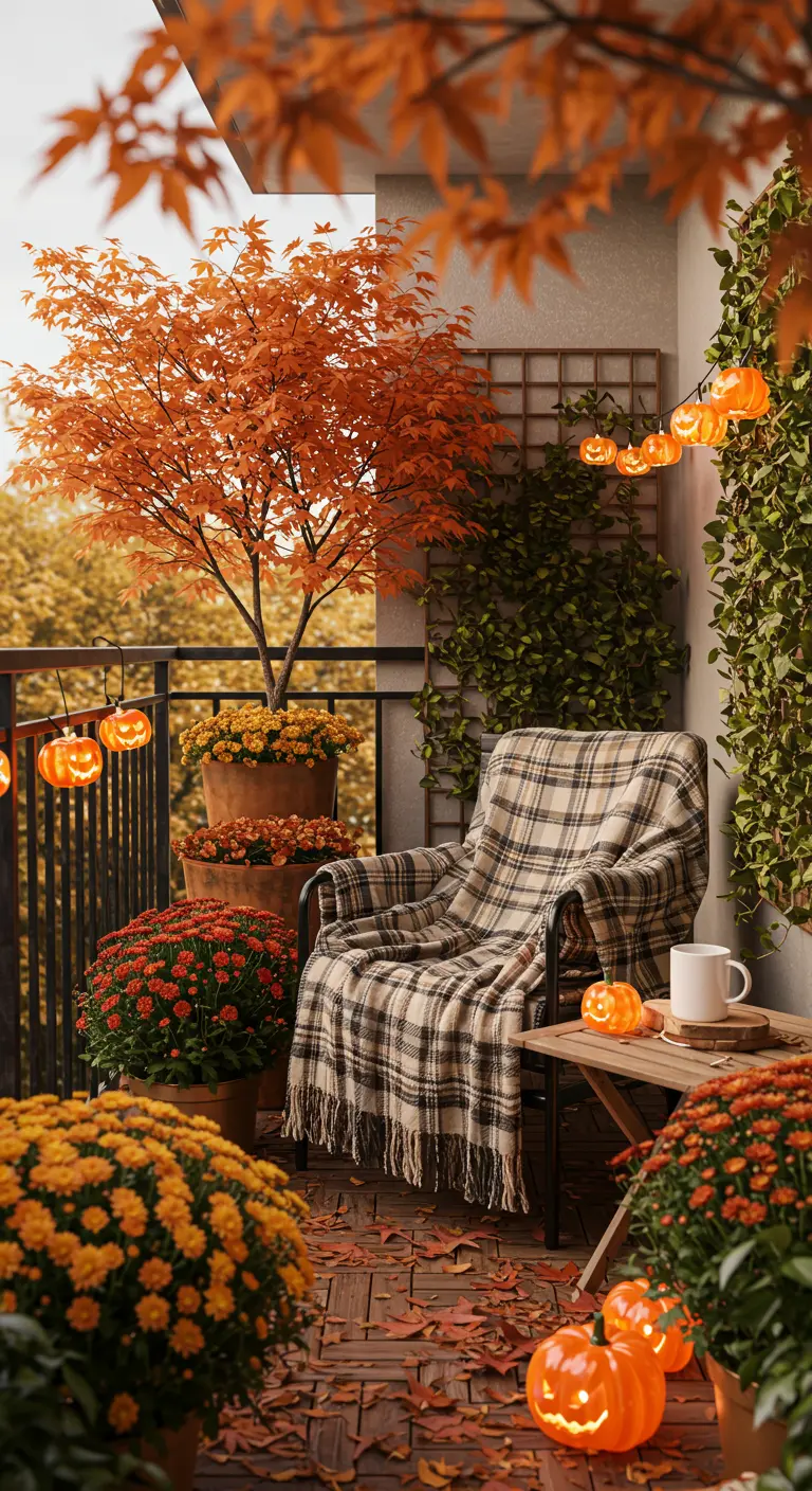 Balcón decorado para el otoño con arce japonés, crisantemos, una manta de cuadros y luces de calabaza.