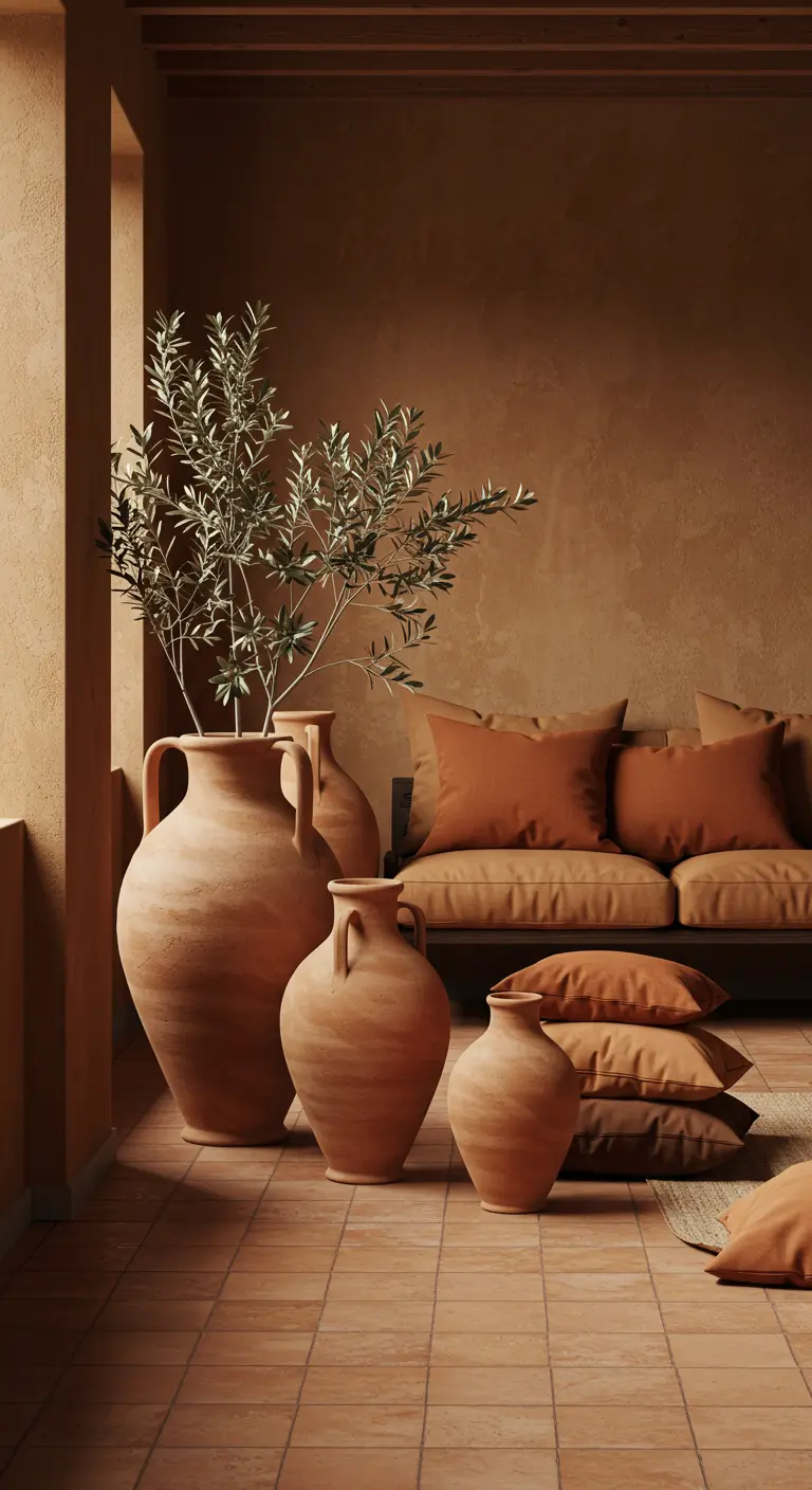 Rincón de una terraza con paredes color ocre y un grupo de grandes vasijas de terracota.