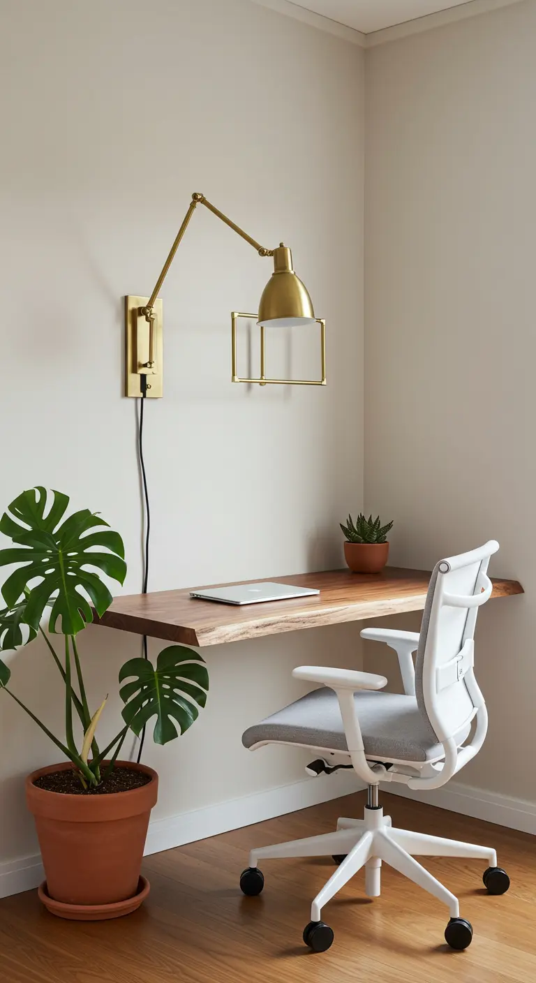 Escritorio esquinero de madera con borde natural, silla de oficina ergonómica y lámpara de pared dorada.