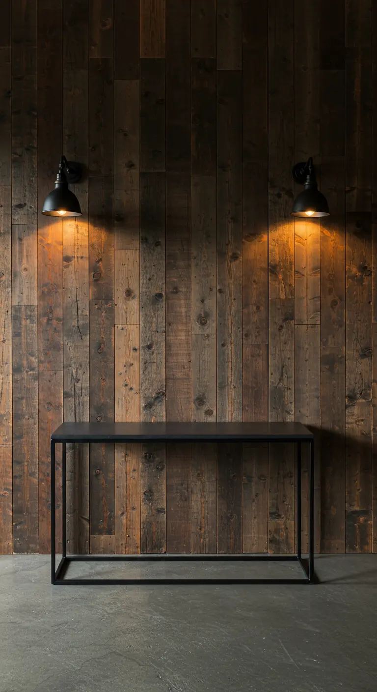 Pared de madera recuperada oscura con una consola minimalista de metal negro y dos apliques de luz.