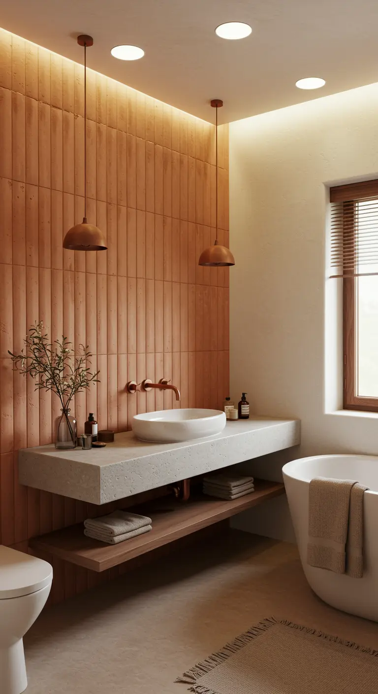 Baño con pared de azulejos verticales de terracota, encimera de hormigón y lámparas de cobre.