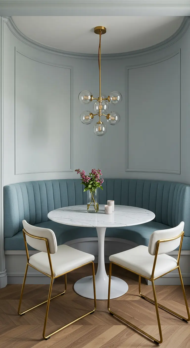 Comedor con banco esquinero curvo tapizado en azul y mesa de mármol redonda.