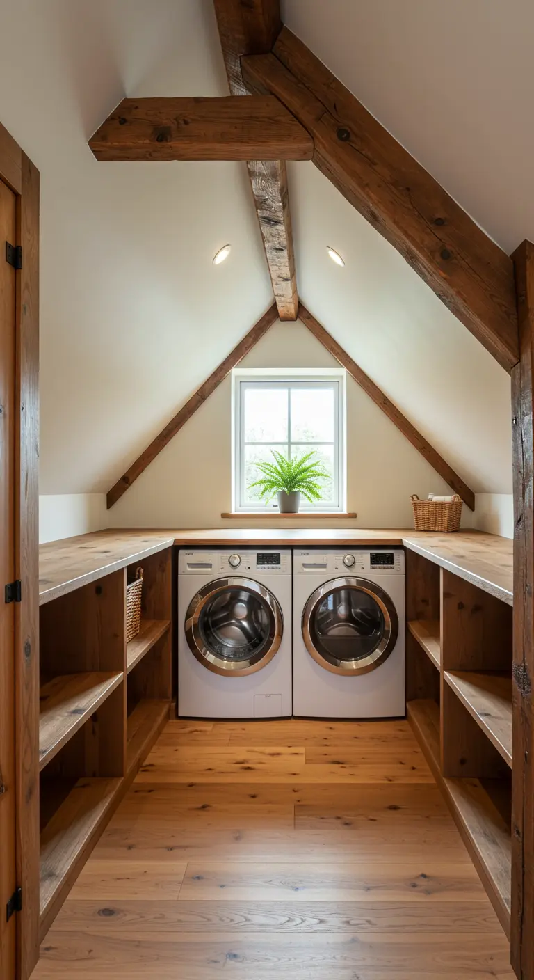 Lavandería en un ático con techo inclinado y estanterías de madera a medida a ambos lados.