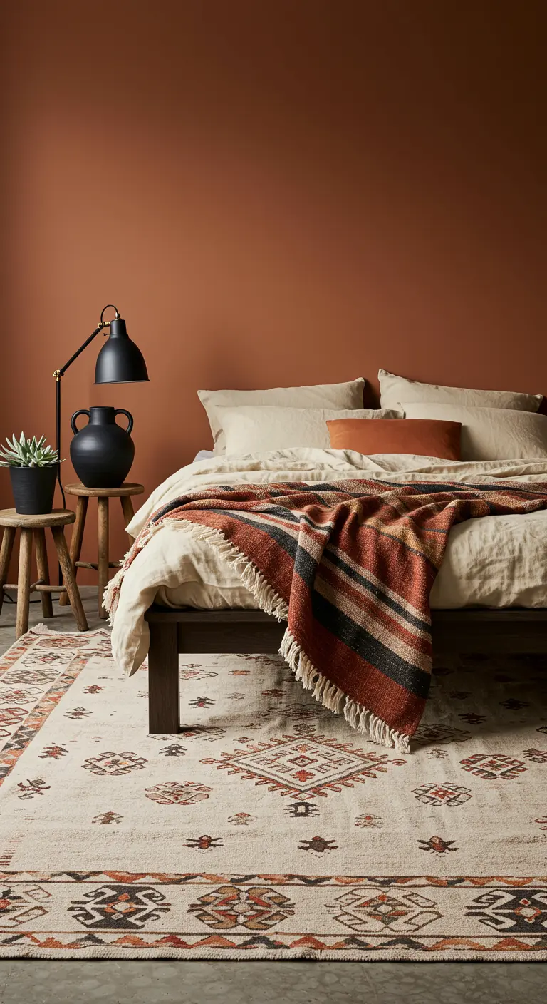 Dormitorio con pared color terracota, cama con manta de lana a rayas y alfombra persa.