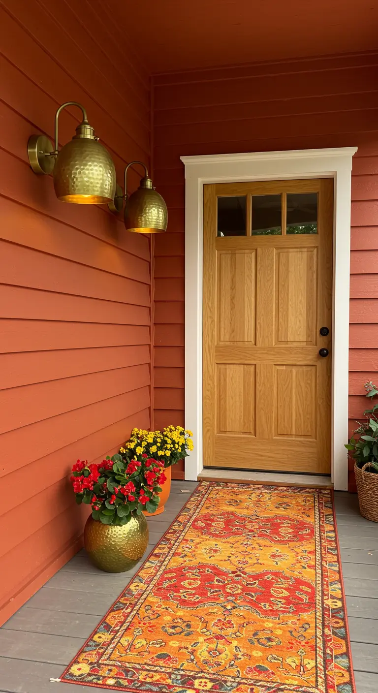 Porche con pared de color terracota, una alfombra persa en tonos naranjas y macetas doradas con flores