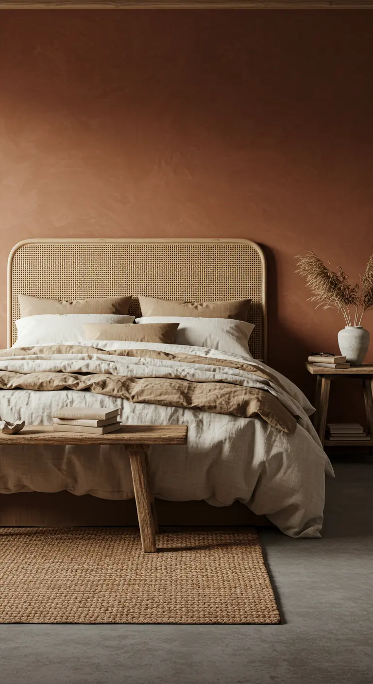 Dormitorio con pared de color terracota, cabecero de ratán y ropa de cama de lino.