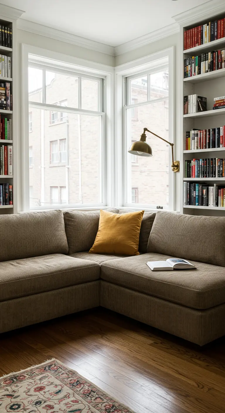 Sofá seccional de pana marrón en una esquina luminosa rodeada de estanterías de libros.