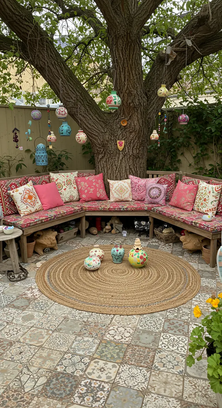 Rincón bohemio bajo un árbol con un banco de madera curvo, cojines y farolillos de colores.