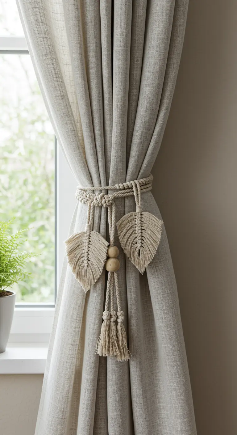 Abrazadera de macramé con hojas y borlas sujetando una cortina de lino beige