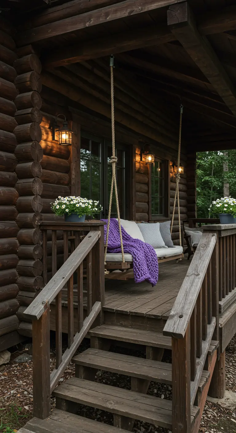 Columpio de madera en un porche rústico con una acogedora manta de punto grueso color lavanda.