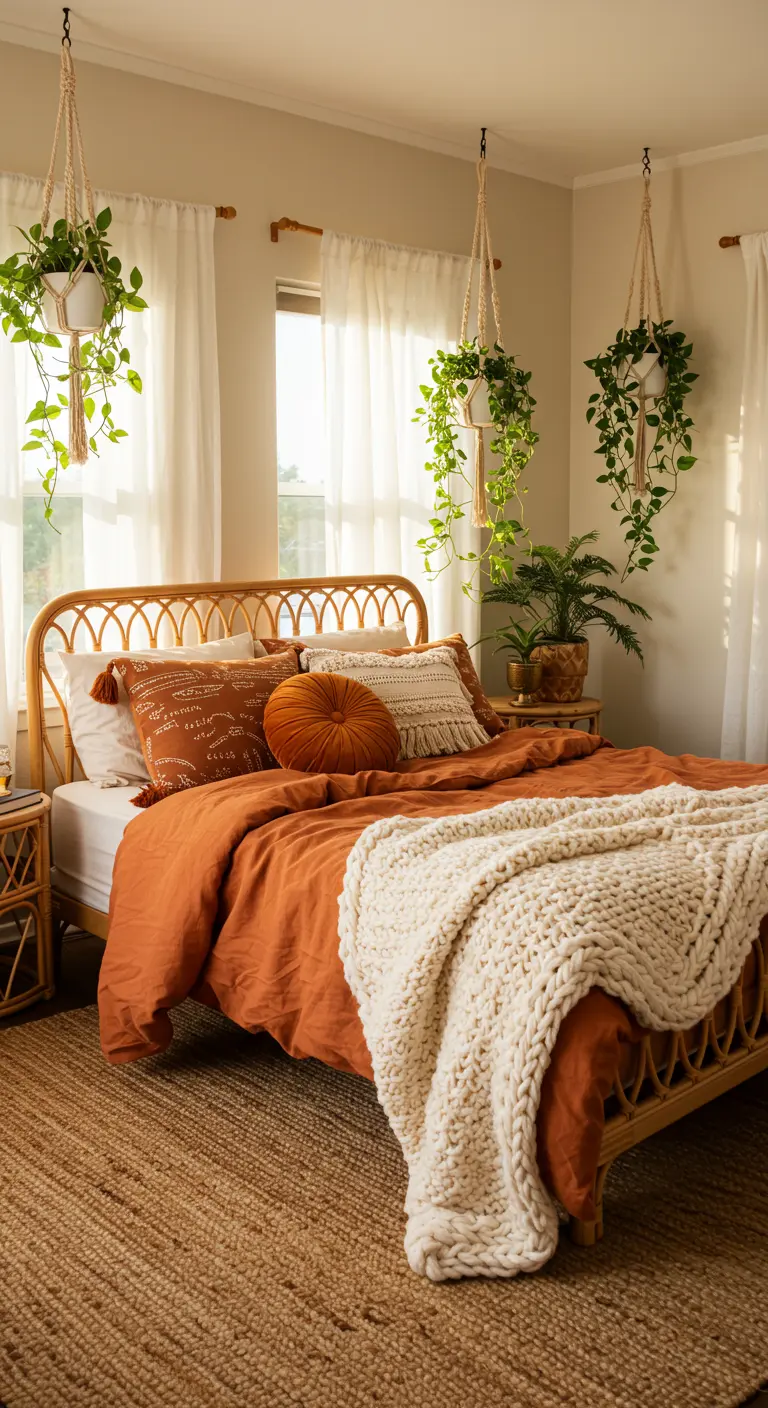 Dormitorio bohemio con cama de ratán, ropa de cama terracota y manta de punto grueso.
