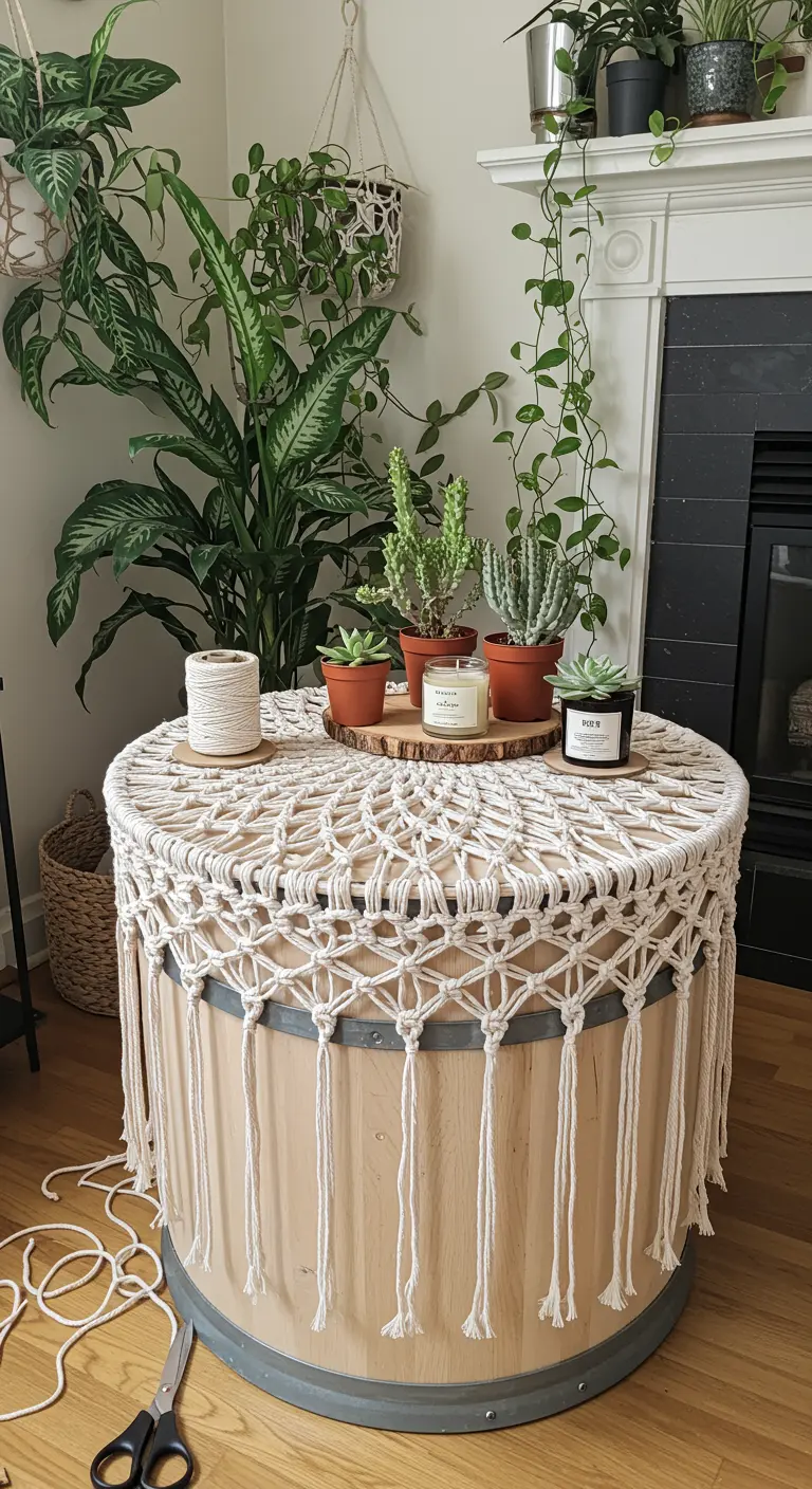 Mesa redonda con base de barril cubierta con un elaborado tapete de macramé de estilo boho
