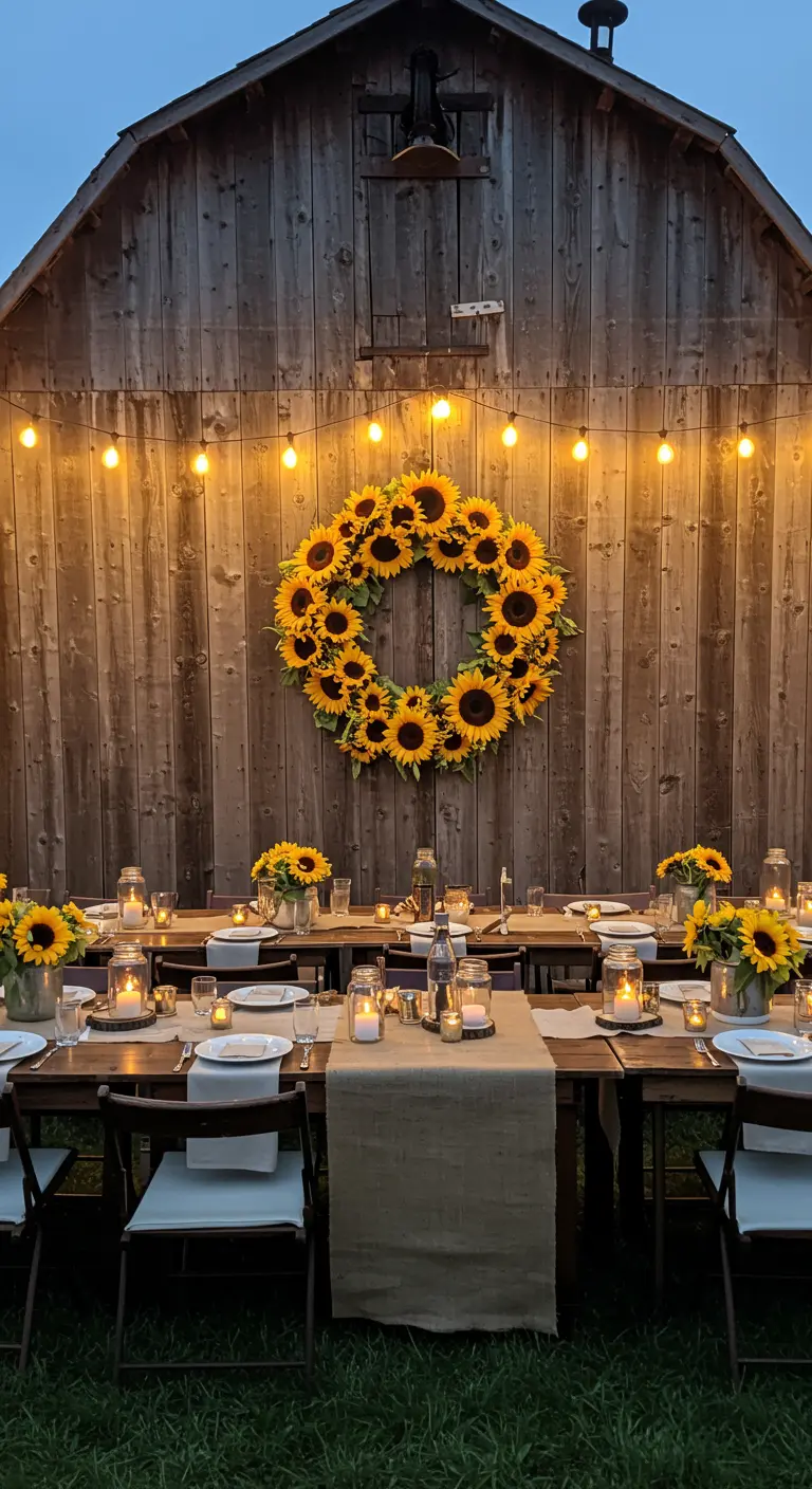 Gran corona de girasoles iluminada por guirnaldas de luces en una pared de granero.
