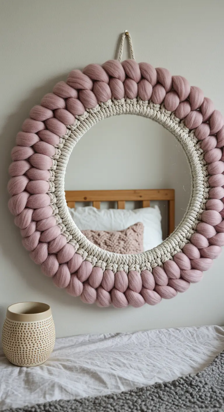 Espejo redondo con un grueso marco de lana merino trenzada en color rosa.