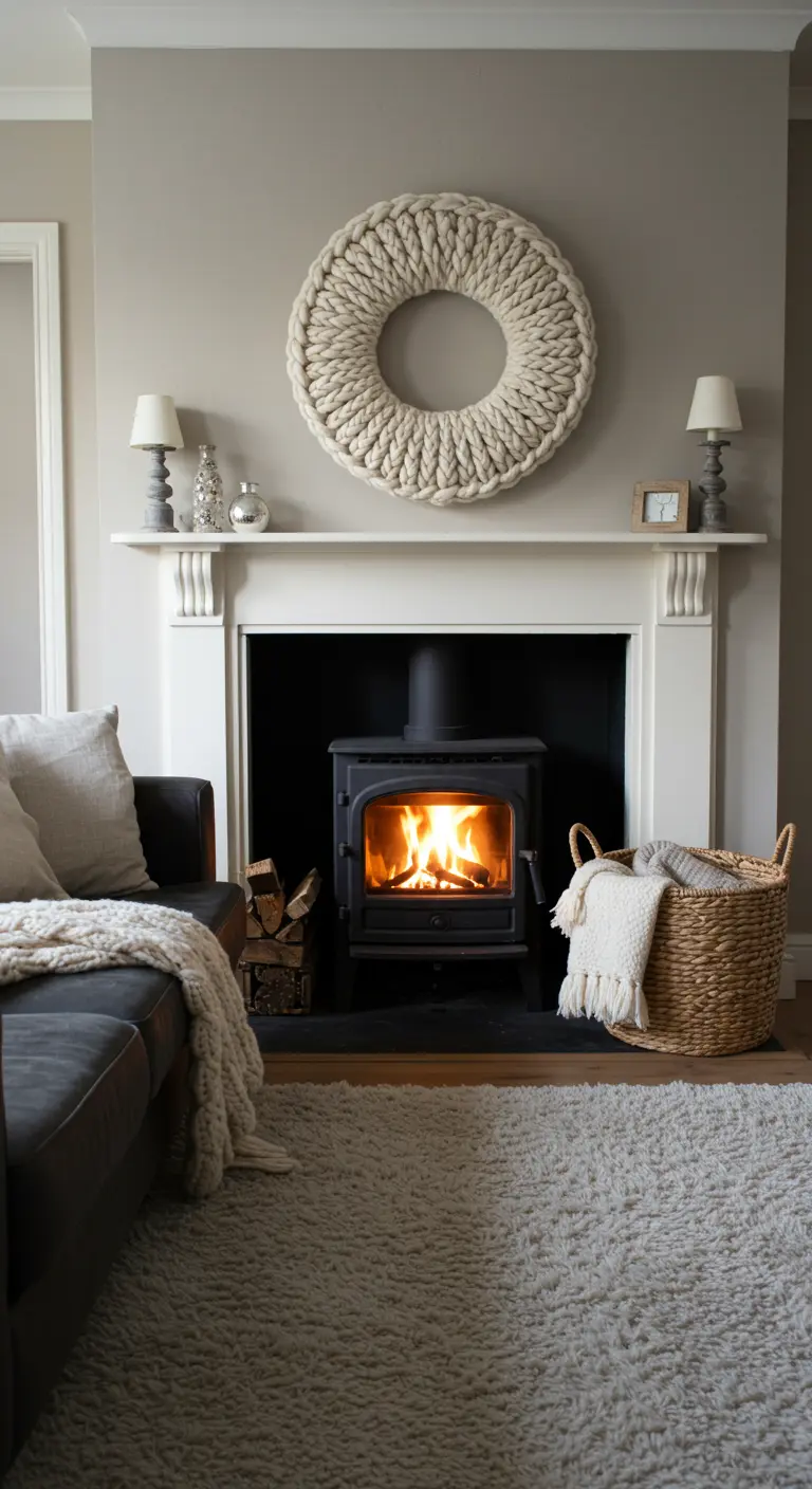 Corona grande de punto grueso color crema sobre la repisa de una chimenea encendida.