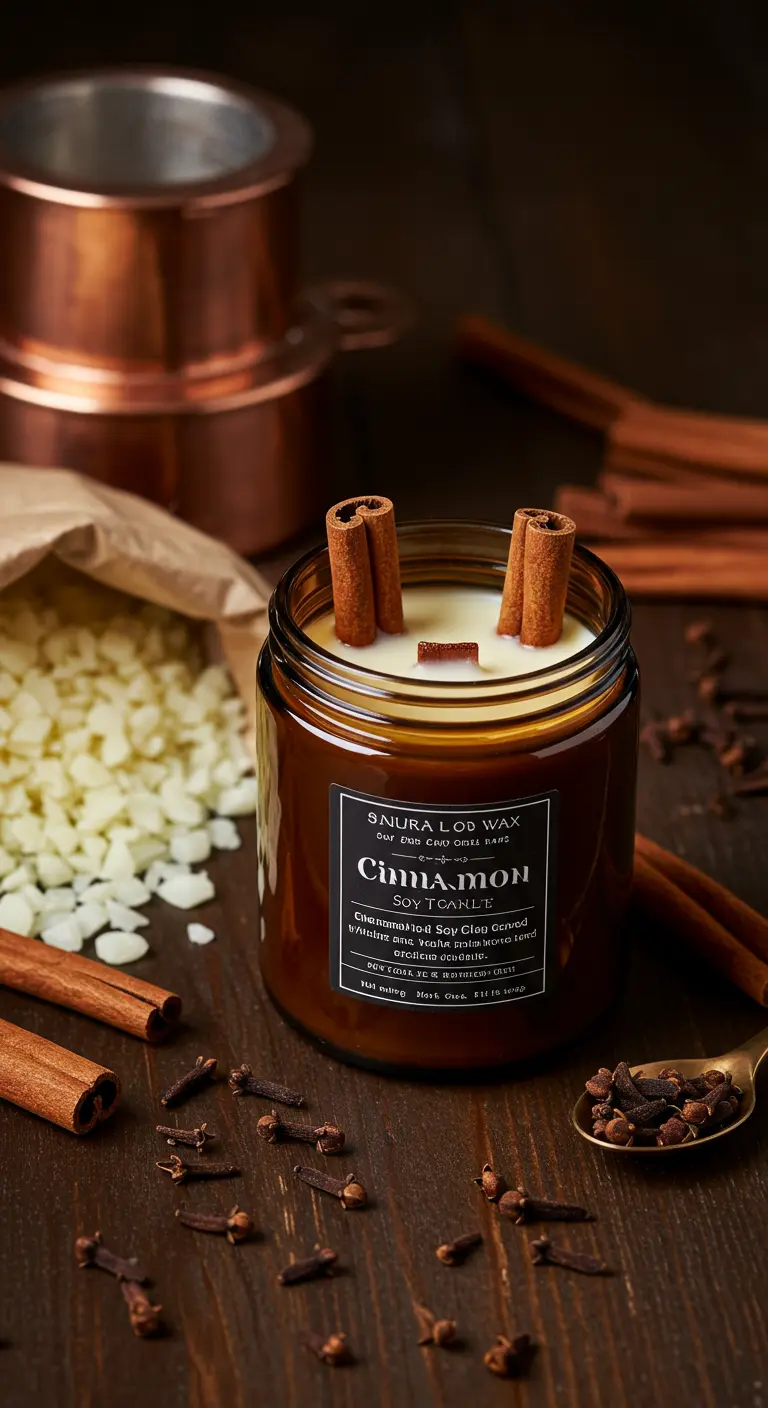 Vela de canela en un frasco oscuro, rodeada de ramas de canela y clavos de olor