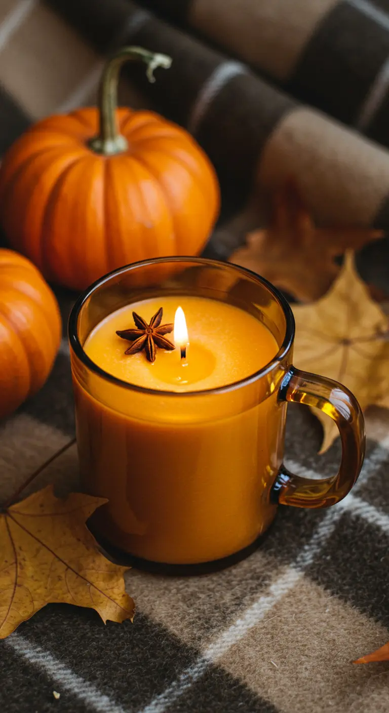 Vela naranja en una taza de cristal ámbar, decorada con anís estrellado, sobre una manta de cuadros