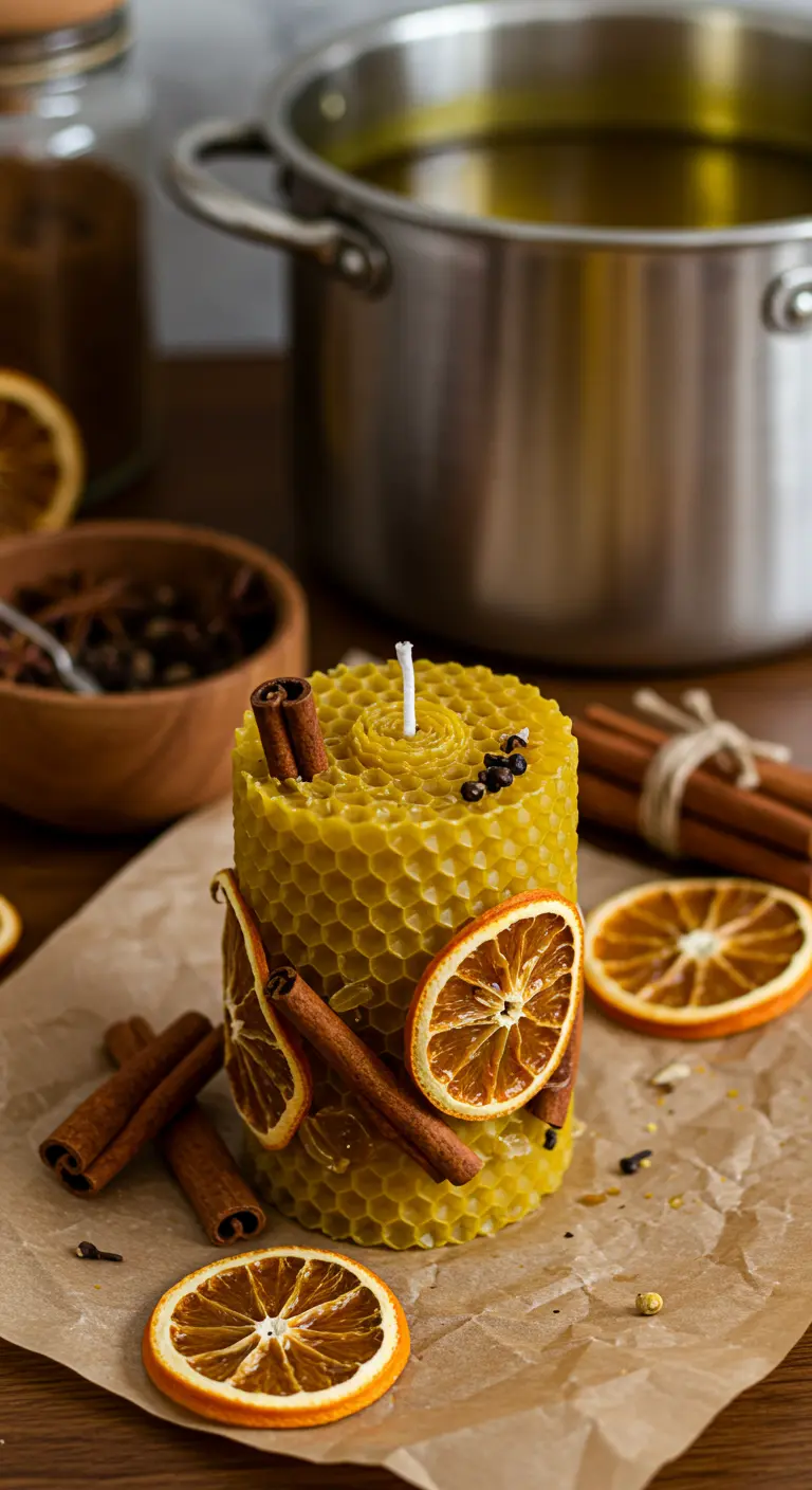 Vela pilar de cera de abeja con textura de panal, decorada con canela y rodajas de naranja seca.