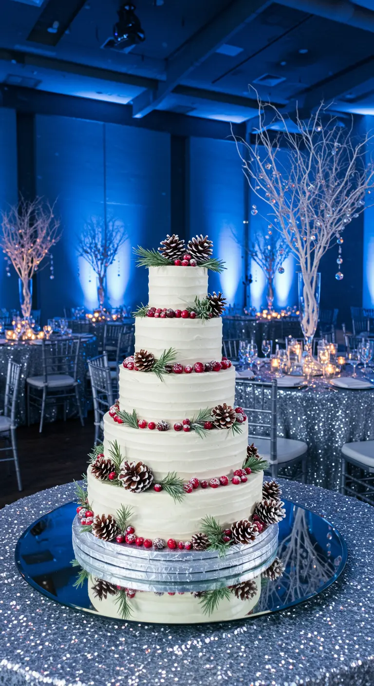 Pastel de bodas blanco de invierno con piñas, arándanos y ramas de pino.