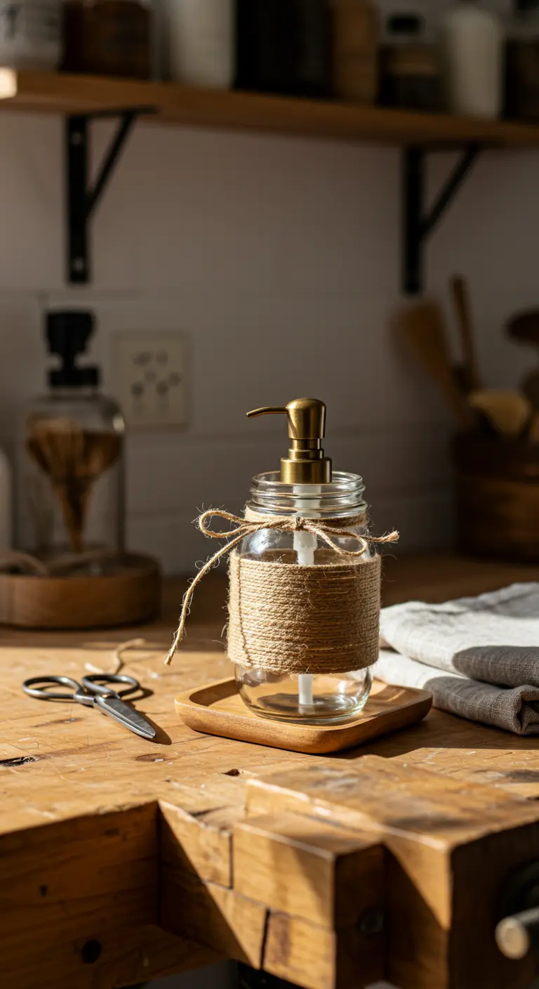 Dispensador de jabón DIY hecho con un frasco de vidrio envuelto en cuerda de yute y un lazo.
