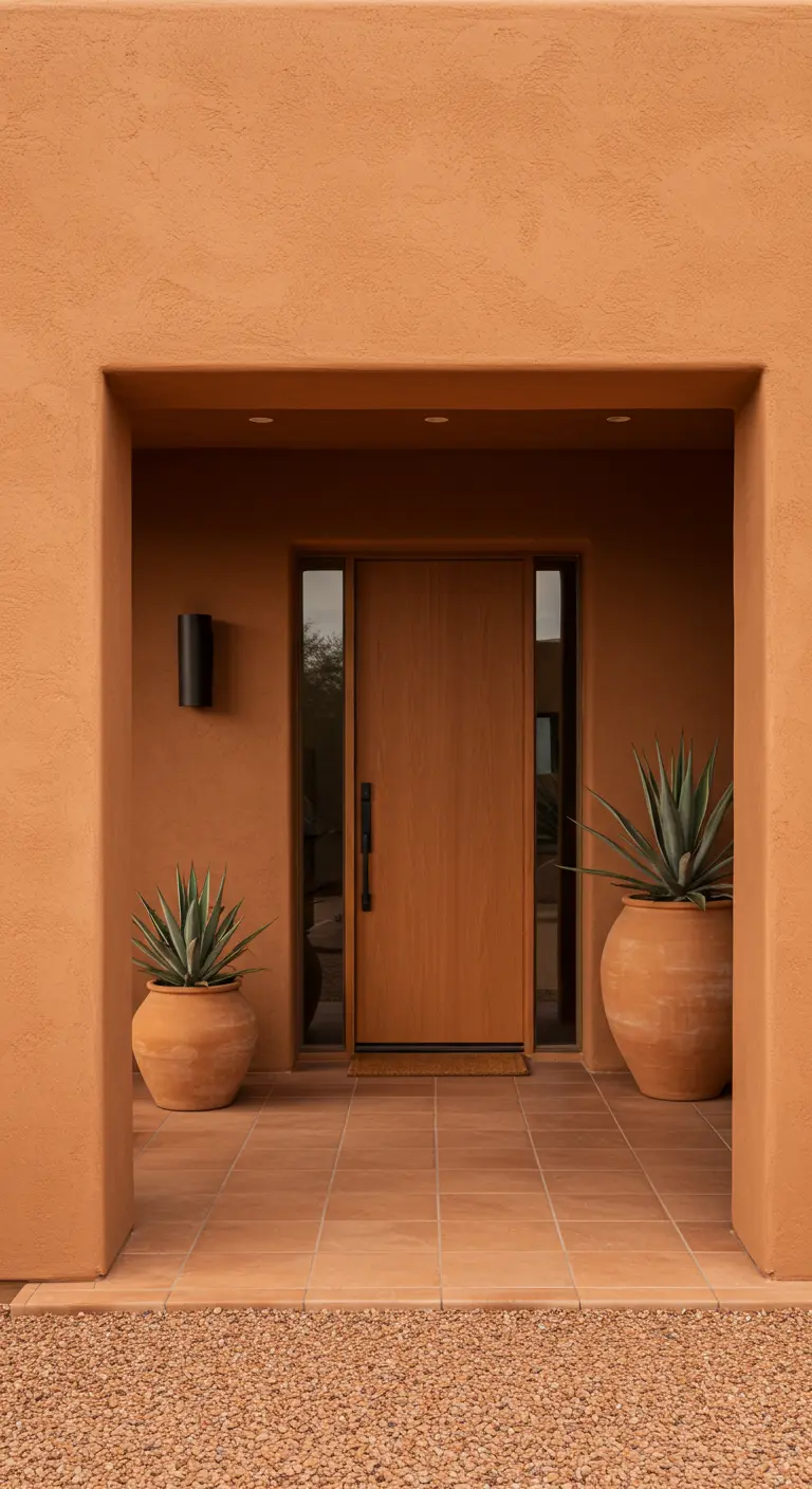 Entrada de porche minimalista en tono terracota con grandes macetas de barro y plantas de agave
