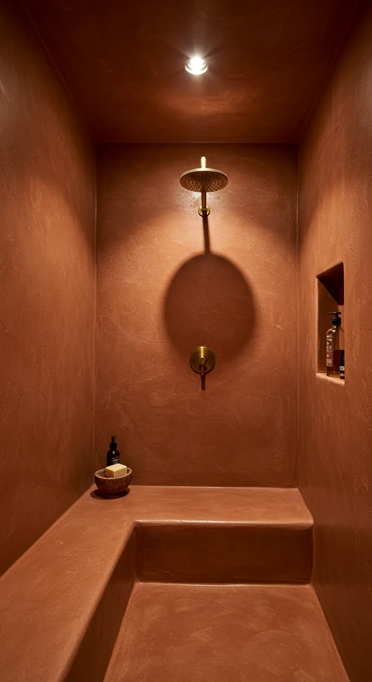 Ducha de obra de microcemento color terracota con grifería dorada y banco integrado