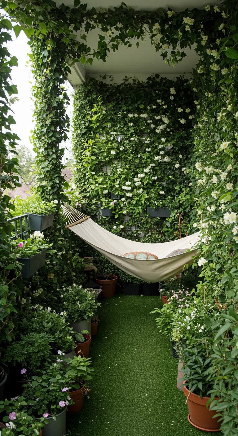 Balcón completamente cubierto de jazmín en flor, creando un túnel verde con una hamaca de lona blanca