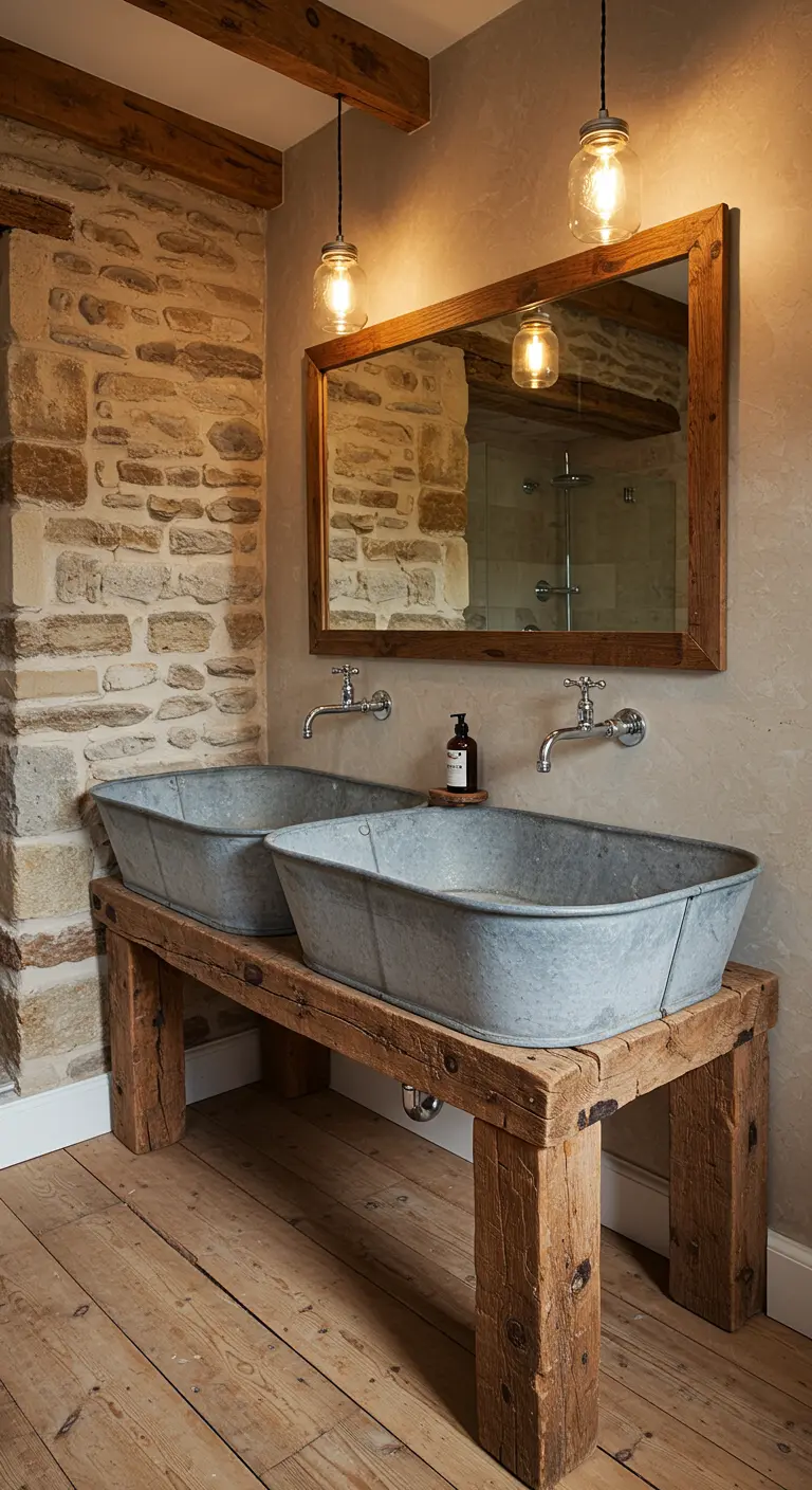 Baño rústico con dos lavabos de zinc galvanizado sobre una mesa de madera maciza.