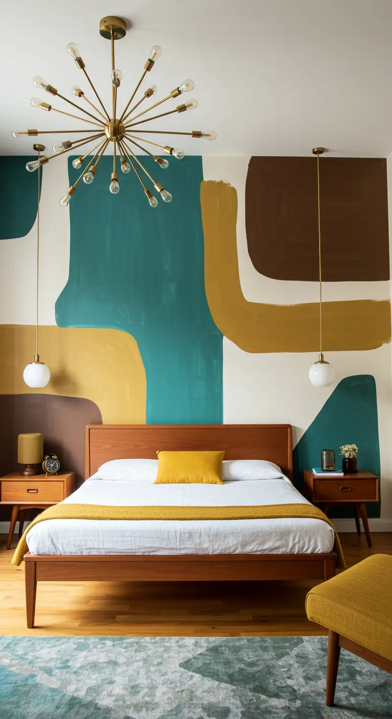 Mural abstracto con formas orgánicas de colores en un dormitorio de estilo Mid-Century Modern.
