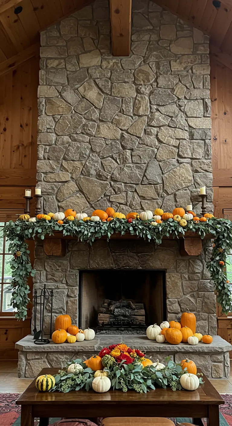 Gran chimenea de piedra con una guirnalda de eucalipto muy larga y una gran variedad de calabazas.