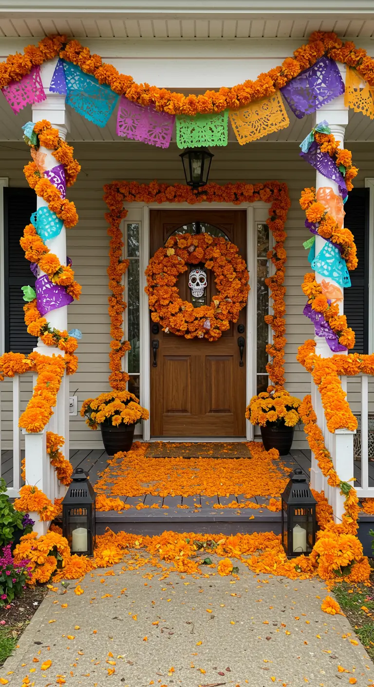 Porche completamente cubierto con guirnaldas de cempasúchil, pétalos y papel picado.