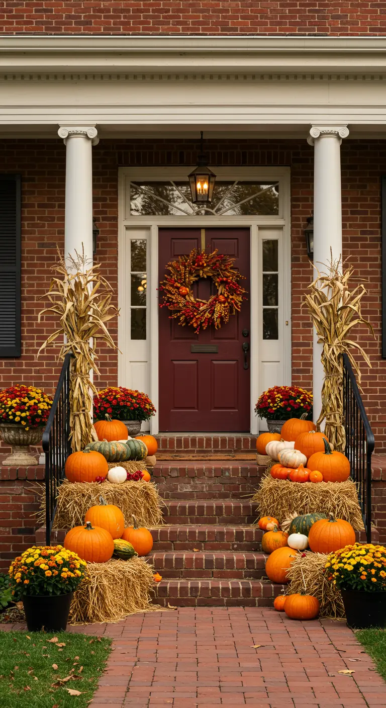 Corona otoñal en puerta burdeos con calabazas y flores en los escalones.