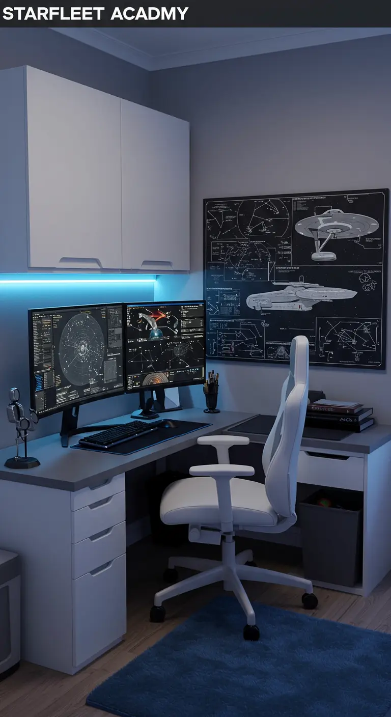 Estudio de gaming con un gran cuadro de los planos del Enterprise y mobiliario blanco y gris.