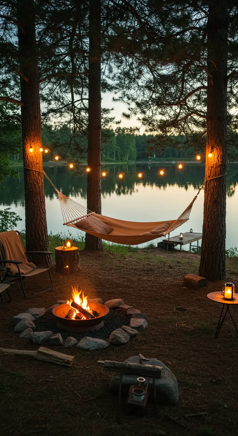 Hamaca junto a un lago con hoguera y luces de bombilla entre los árboles.