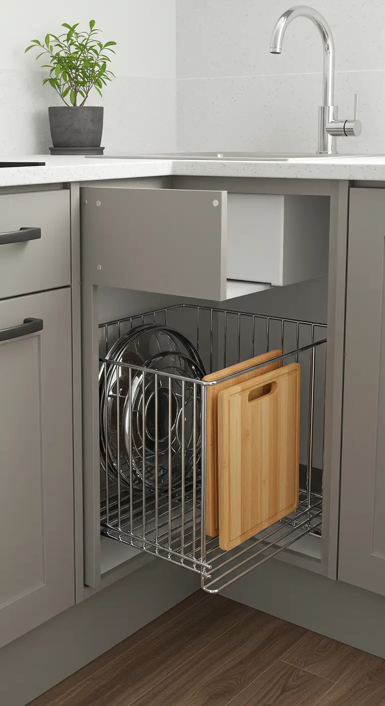 Organizador de metal extraíble dentro de un armario de cocina gris con tapas y tablas de cortar.