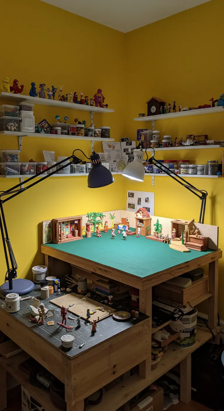 Taller de animación stop-motion con paredes amarillas y varias mesas de trabajo con figuras pequeñas.